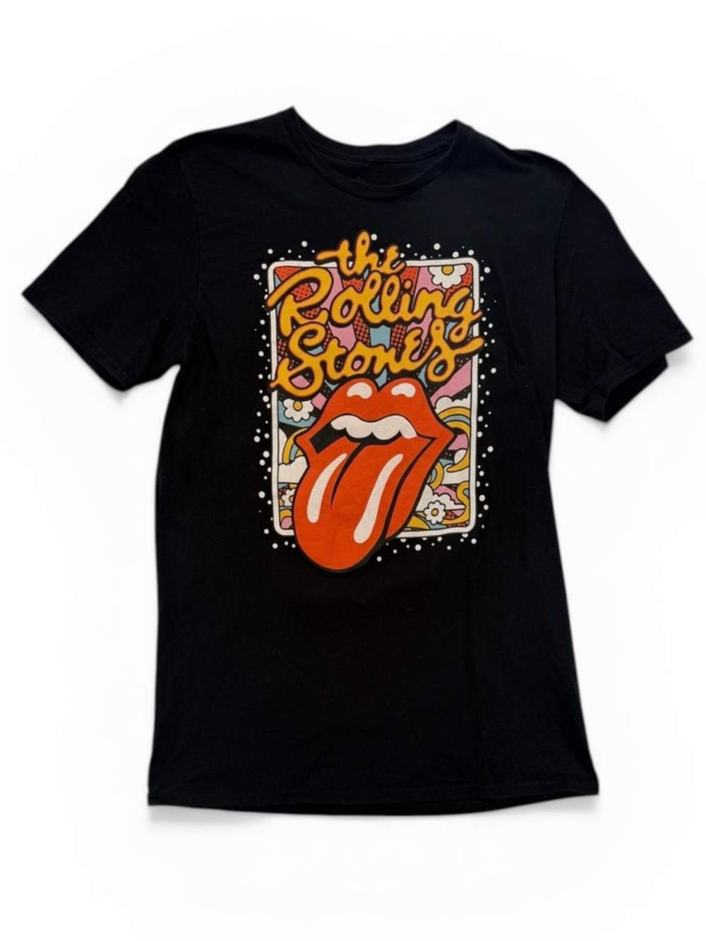 The Rolling Stones Black Tee with Red, Yellow, Pink & Blue Graphic